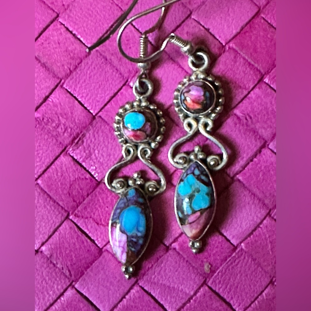 Pink Dahlia Turquoise SS Fishhook Earrings